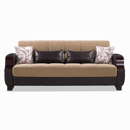 89" Brown Microfiber And Faux Leather Convertible Futon Sleeper Sofa And Toss Pillows With Storage - Loft&Timber