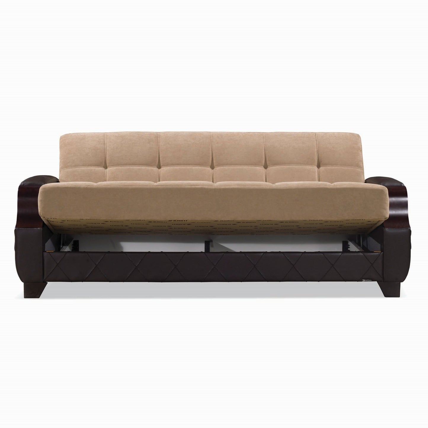 89" Brown Microfiber And Faux Leather Convertible Futon Sleeper Sofa And Toss Pillows With Storage - Loft&Timber
