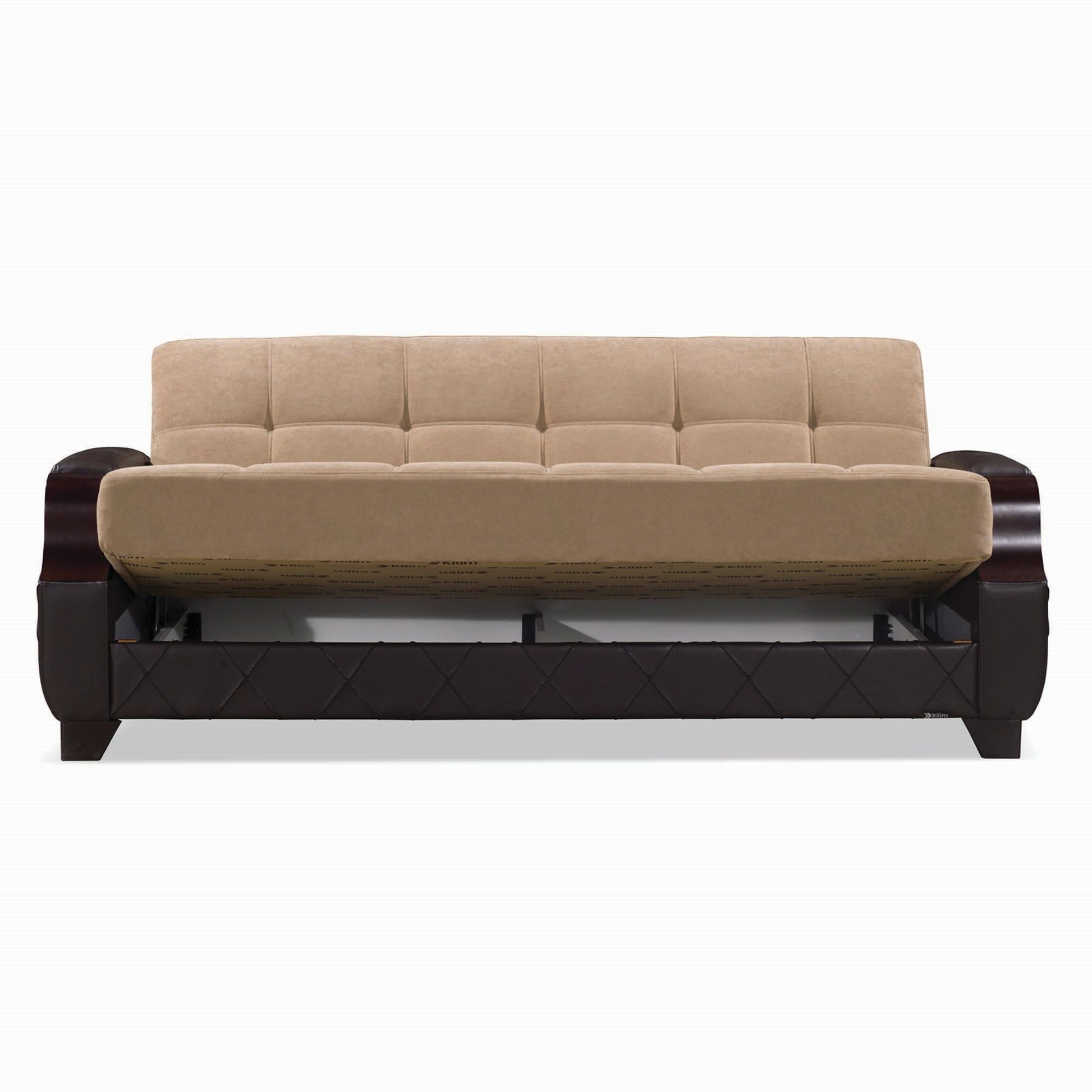 89" Brown Microfiber And Faux Leather Convertible Futon Sleeper Sofa And Toss Pillows With Storage - Loft&Timber
