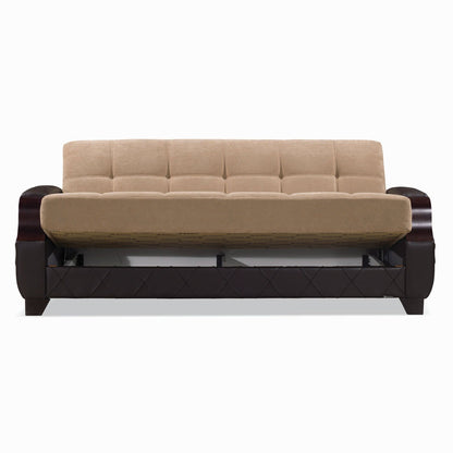 89" Brown Microfiber And Faux Leather Convertible Futon Sleeper Sofa And Toss Pillows With Storage - Loft&Timber