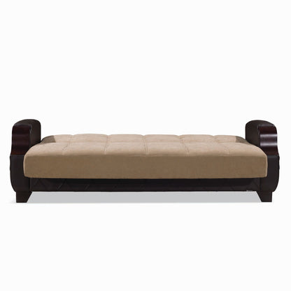 89" Brown Microfiber And Faux Leather Convertible Futon Sleeper Sofa And Toss Pillows With Storage - Loft&Timber