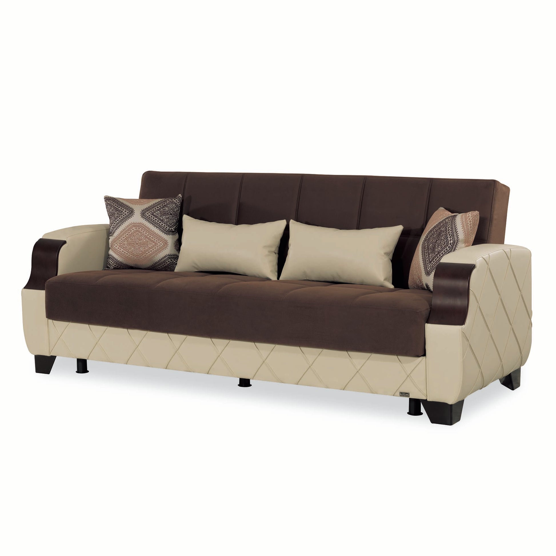 89" Brown And Cream Microsuede And Faux Leather Convertible Futon Sleeper Sofa And Toss Pillows With Storage - Loft&Timber