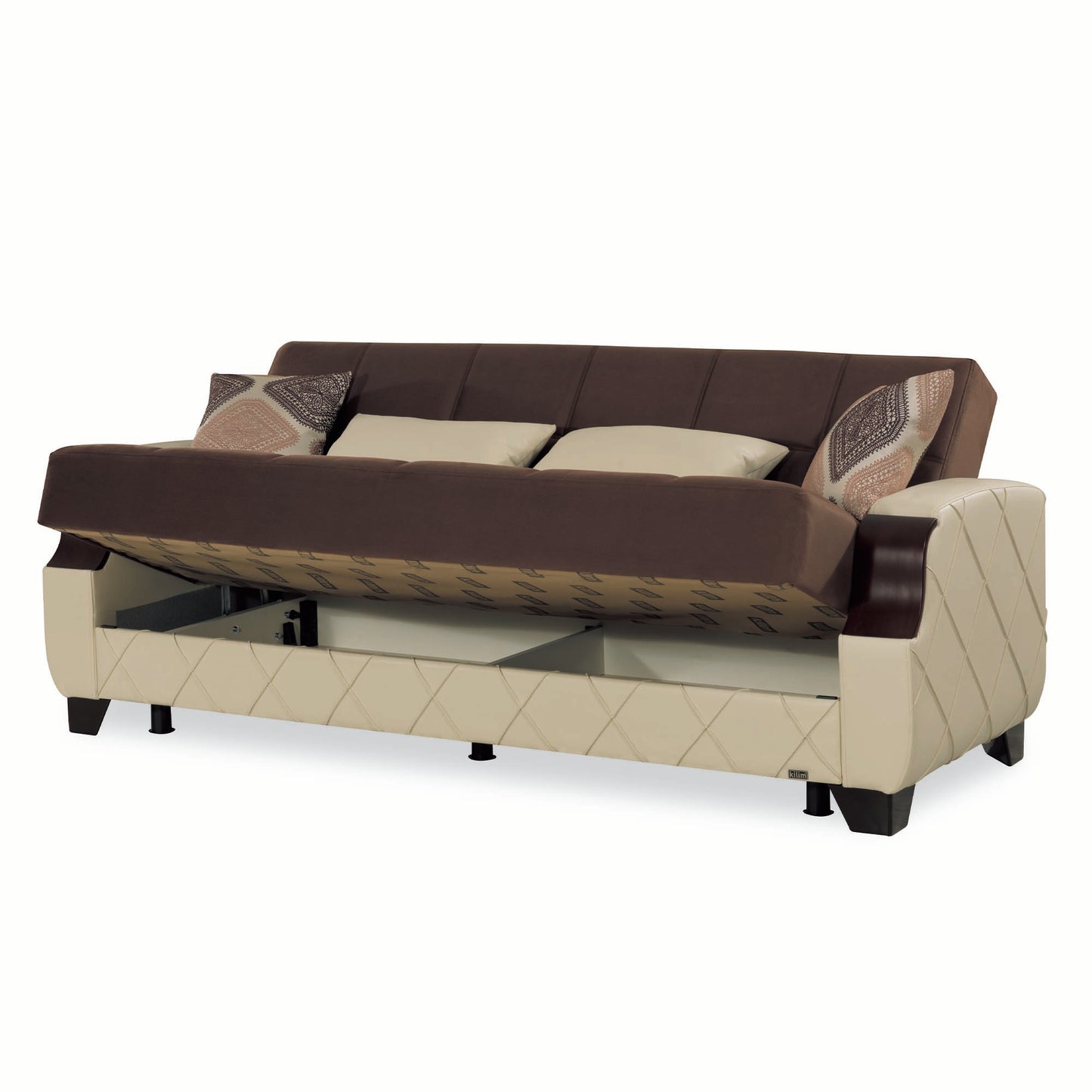 89" Brown And Cream Microsuede And Faux Leather Convertible Futon Sleeper Sofa And Toss Pillows With Storage - Loft&Timber