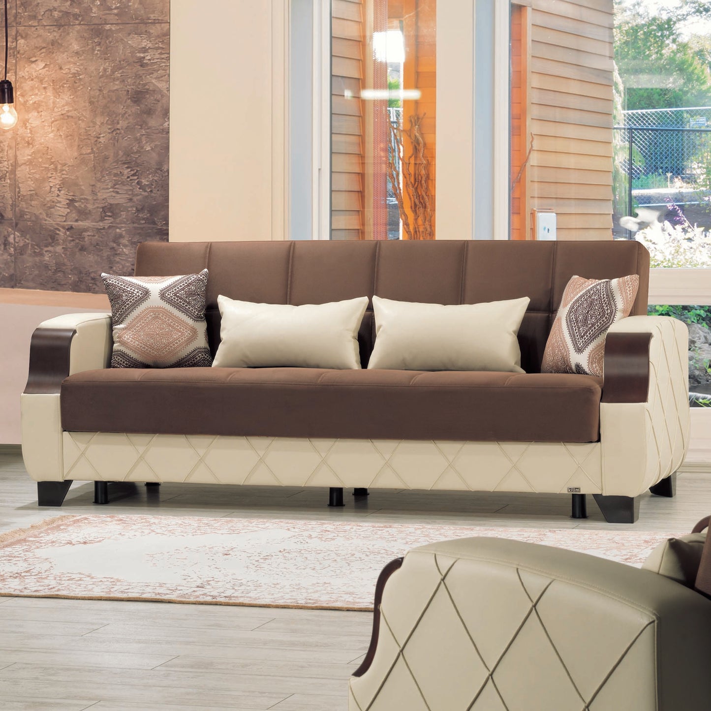 89" Brown And Cream Microsuede And Faux Leather Convertible Futon Sleeper Sofa And Toss Pillows With Storage - Loft&Timber