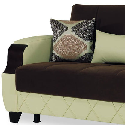 89" Brown And Cream Microsuede And Faux Leather Convertible Futon Sleeper Sofa And Toss Pillows With Storage - Loft&Timber