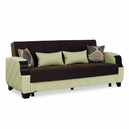 89" Brown And Cream Microsuede And Faux Leather Convertible Futon Sleeper Sofa And Toss Pillows With Storage - Loft&Timber