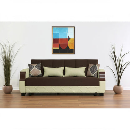 89" Brown And Cream Microsuede And Faux Leather Convertible Futon Sleeper Sofa And Toss Pillows With Storage - Loft&Timber