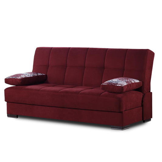 75" Burgundy Chenille Convertible Futon Sleeper Sofa And Toss Pillows With Storage - Loft&Timber