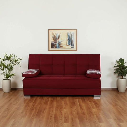 75" Burgundy Chenille Convertible Futon Sleeper Sofa And Toss Pillows With Storage - Loft&Timber