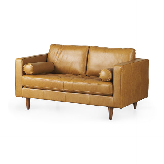 65" Tan Leather Sofa With Brown Legs-0
