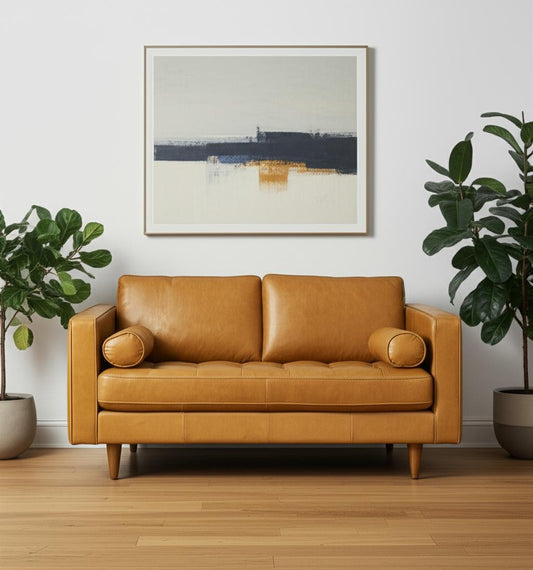 65" Tan Leather Sofa With Brown Legs-1