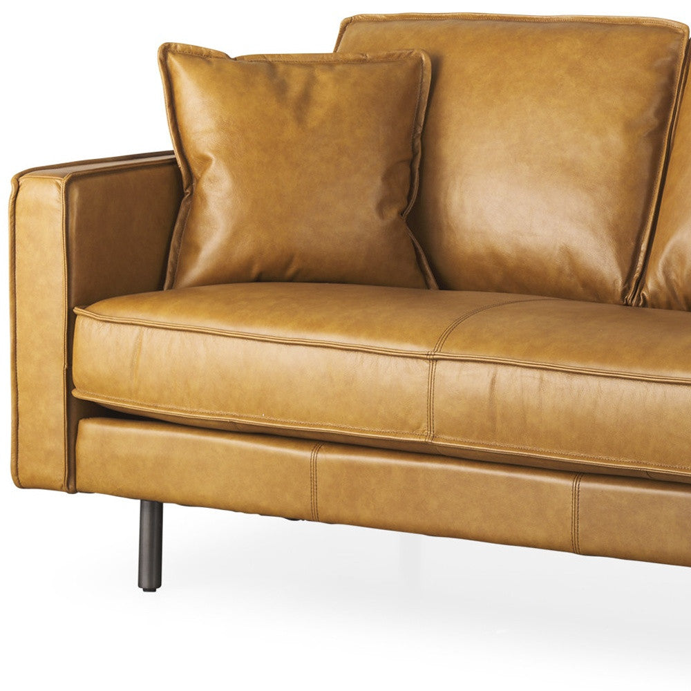 65" Tan Leather Sofa With Brown Legs-3