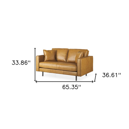 65" Tan Leather Sofa With Brown Legs-4
