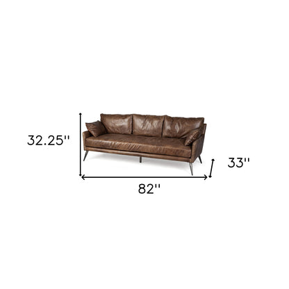 82" Dark Brown Rustic Leather Sofa With Toss Pillows-4