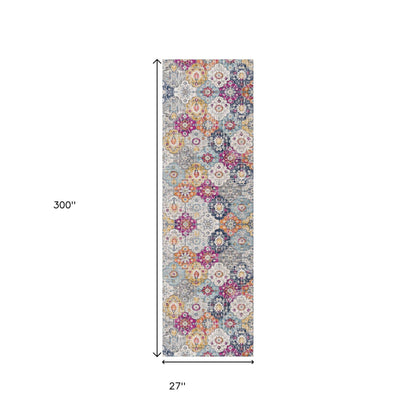 25' Runner Rust Gray And Sky Blue Floral Runner Rug - Loft&Timber
