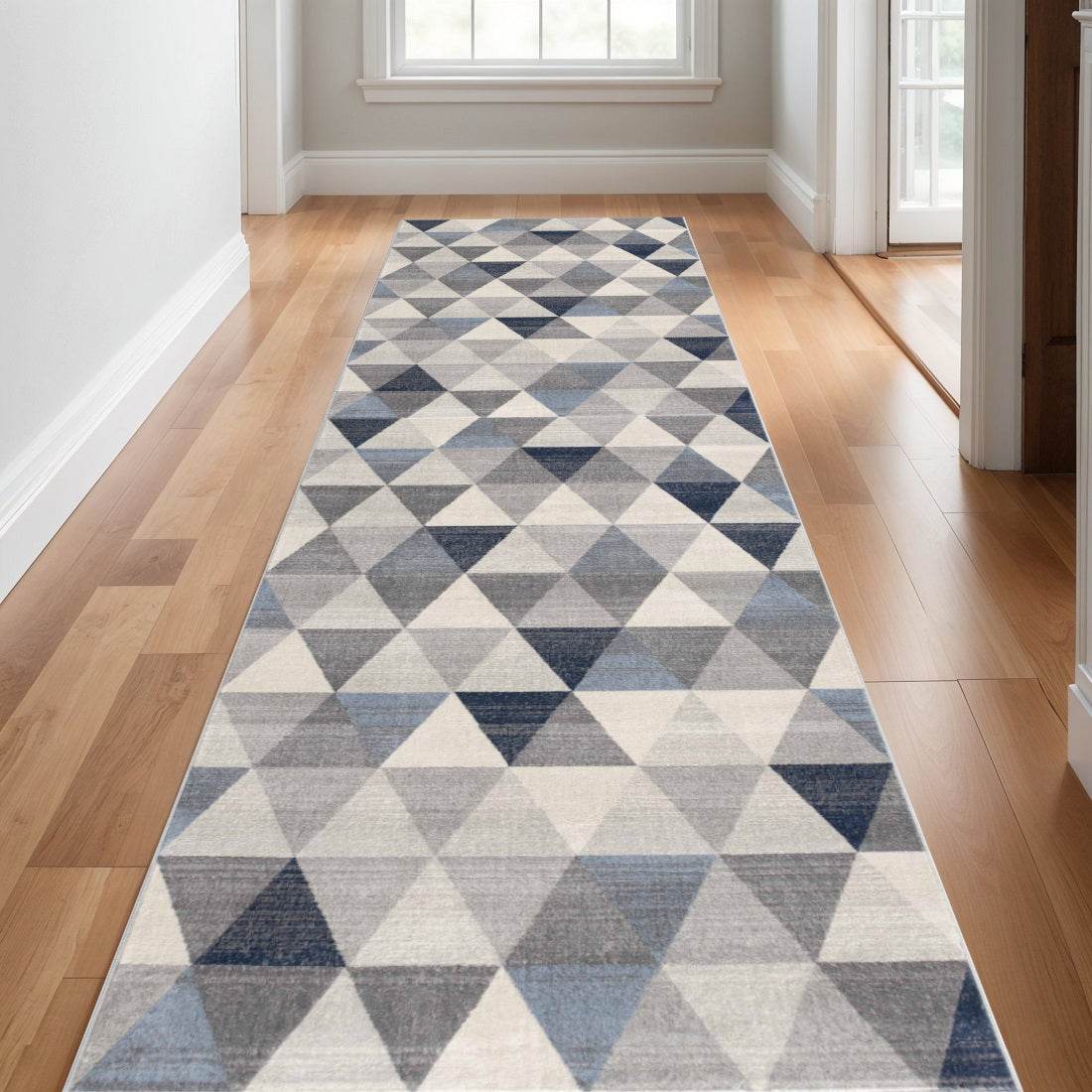 19' Runner Blue Beige And Gray Geometric Runner Rug - Loft&Timber