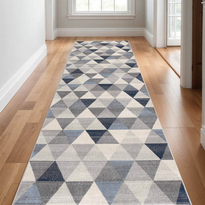 19' Runner Blue Beige And Gray Geometric Runner Rug - Loft&Timber