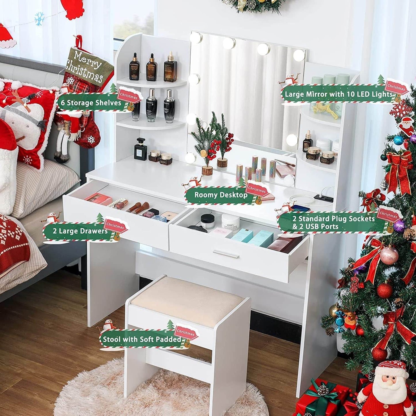 Large Vanity Set with Lighted Mirror, Charging Station (White) - Loft&Timber