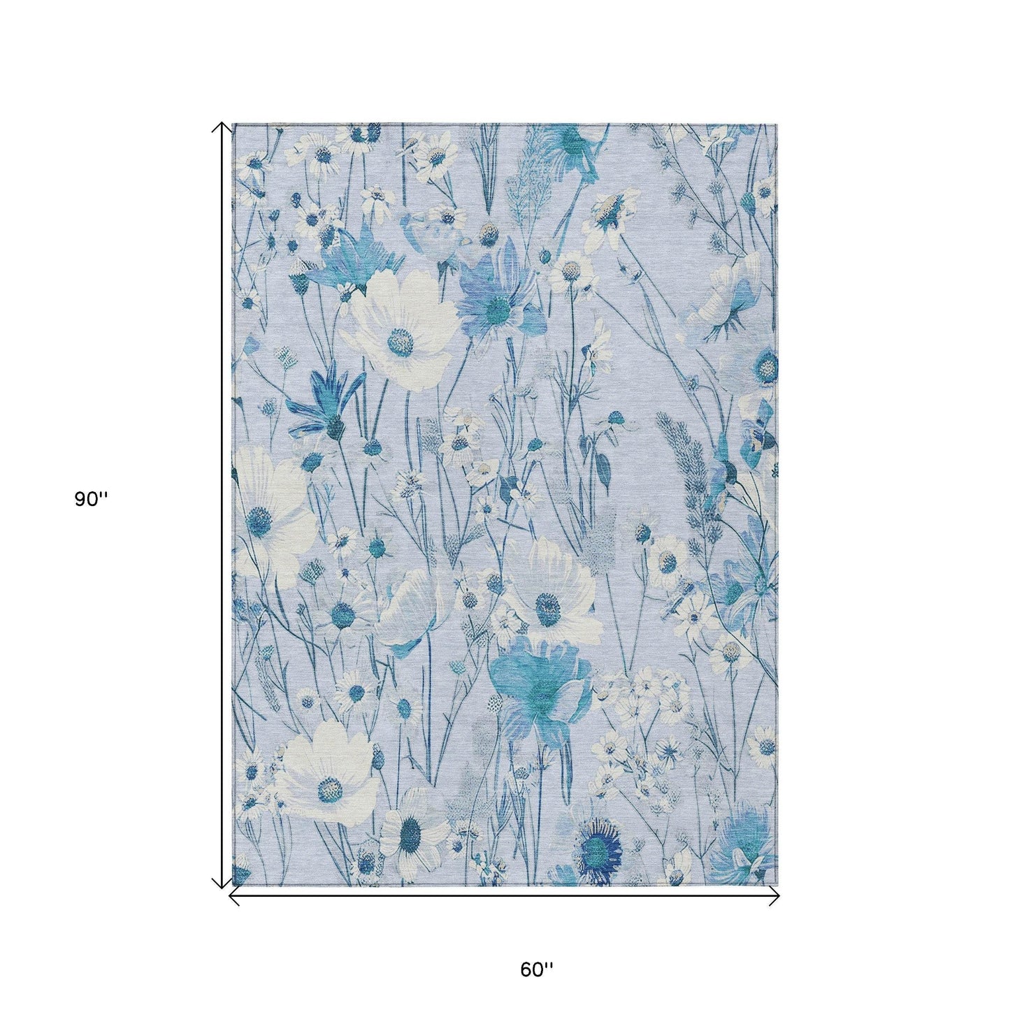 5' X 8' Sky Blue And Denim Blue Floral Washable Indoor Outdoor Area Rug - Loft&Timber