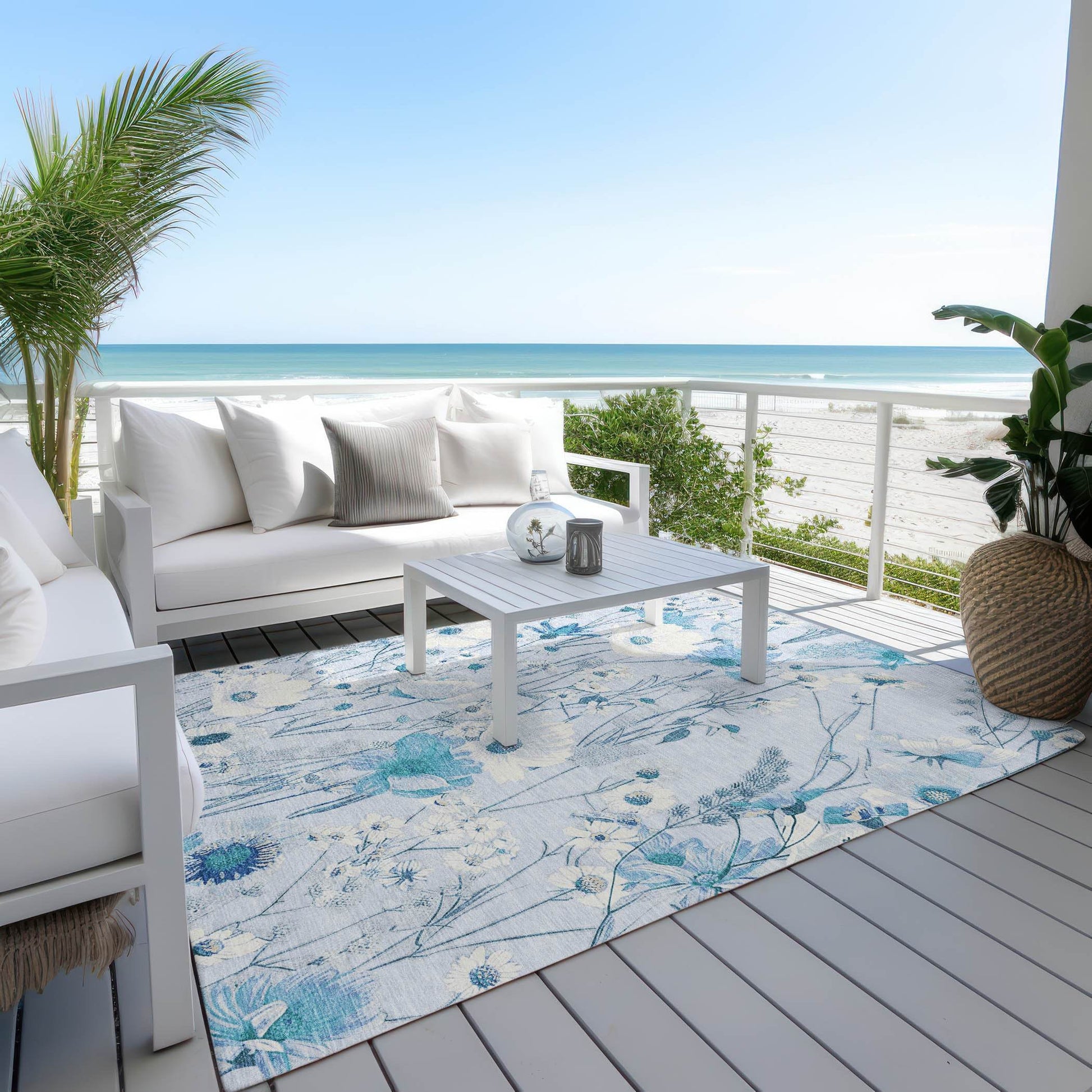 5' X 8' Sky Blue And Denim Blue Floral Washable Indoor Outdoor Area Rug - Loft&Timber