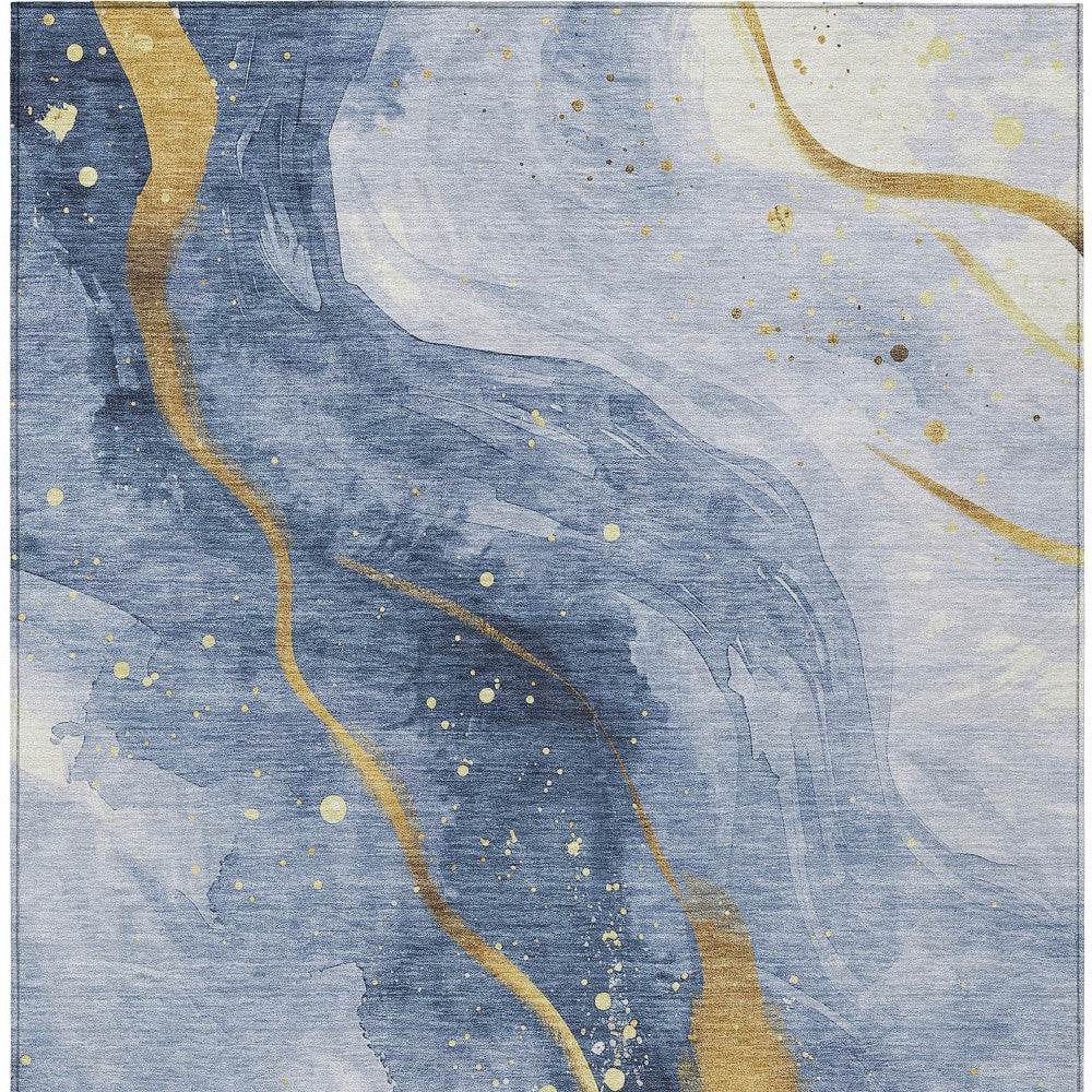 3' X 5' Blue And Gold Abstract Washable Indoor Outdoor Area Rug - Loft&Timber