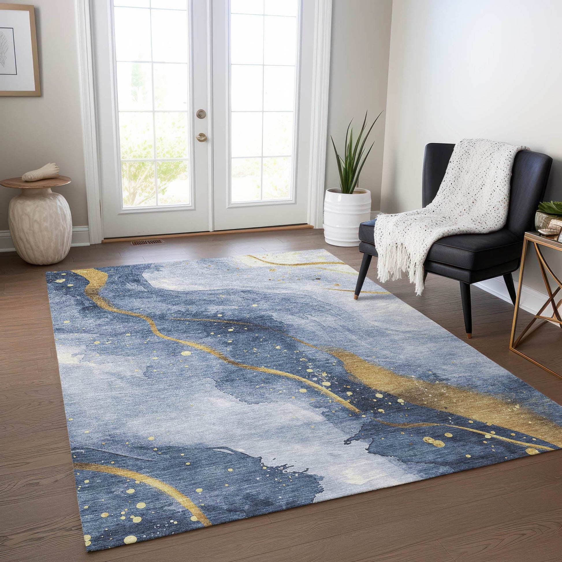 3' X 5' Blue And Gold Abstract Washable Indoor Outdoor Area Rug - Loft&Timber