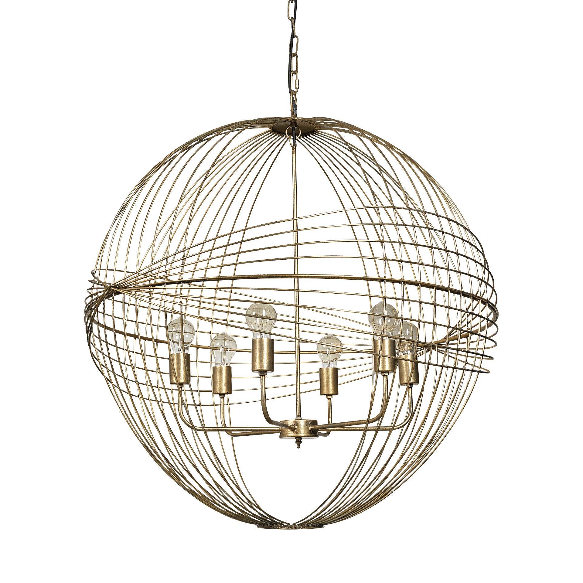 Gold Caged Six Light Metal and Glass Dimmable Chandelier With Gold Shades - Loft&Timber