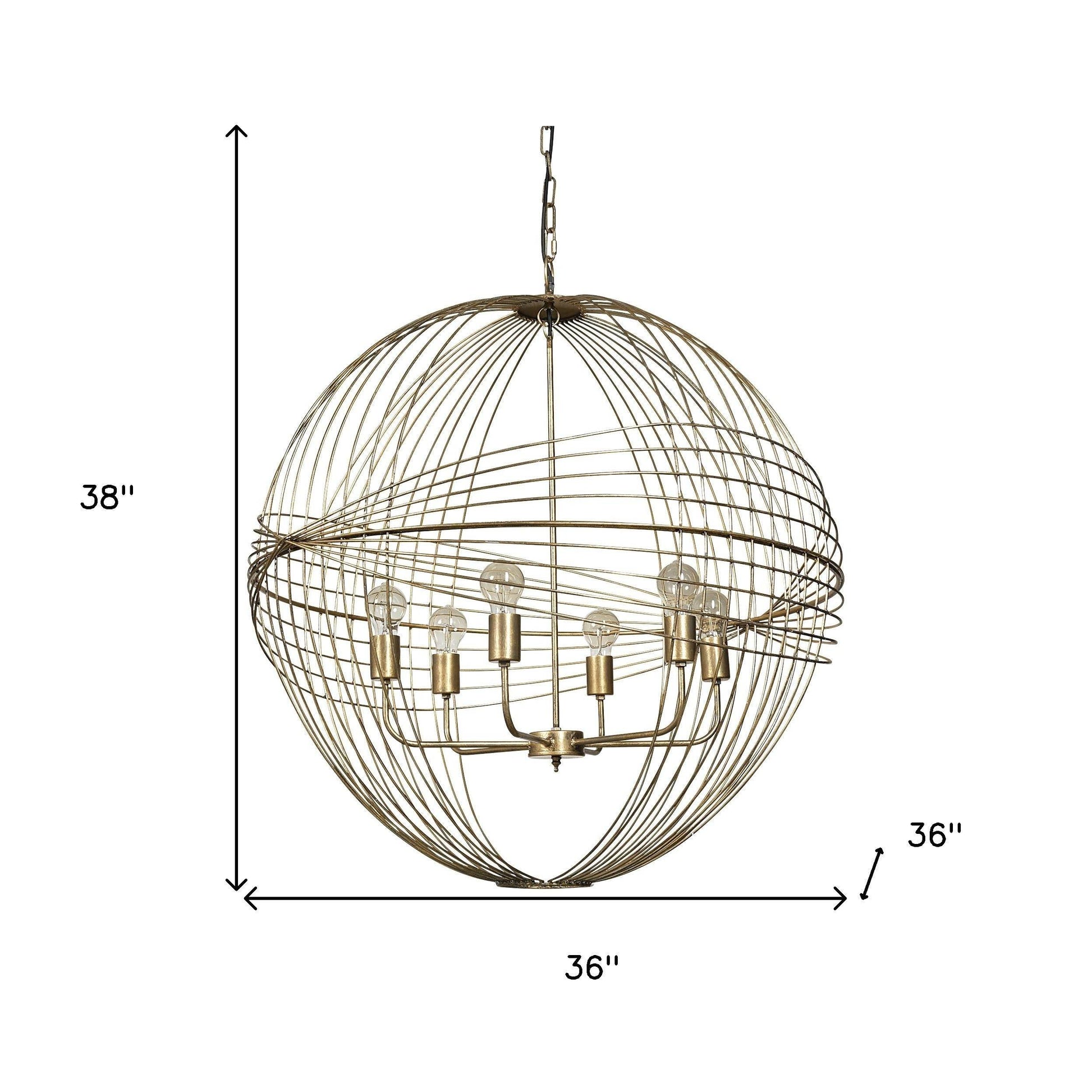 Gold Caged Six Light Metal and Glass Dimmable Chandelier With Gold Shades - Loft&Timber