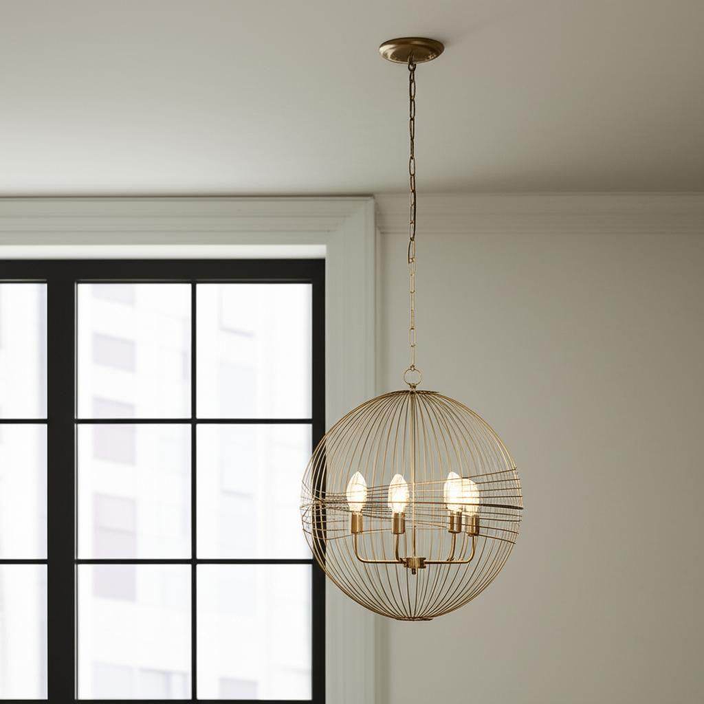 Gold Caged Six Light Metal and Glass Dimmable Chandelier With Gold Shades - Loft&Timber