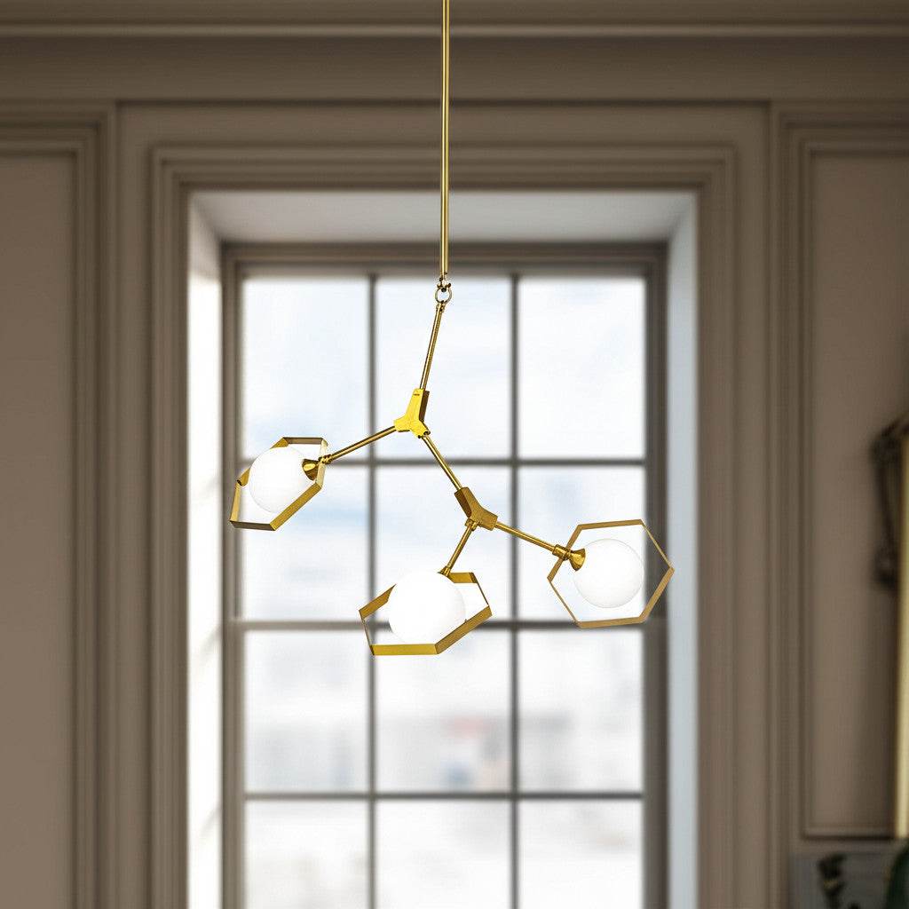 Brass Unique Statement Three Light Metal and Glass Dimmable Chandelier With White Shades - Loft&Timber