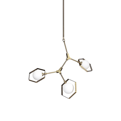 Champagne Unique Statement Three Light Metal and Glass Dimmable Chandelier With White Shades - Loft&Timber