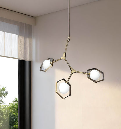 Champagne Unique Statement Three Light Metal and Glass Dimmable Chandelier With White Shades - Loft&Timber