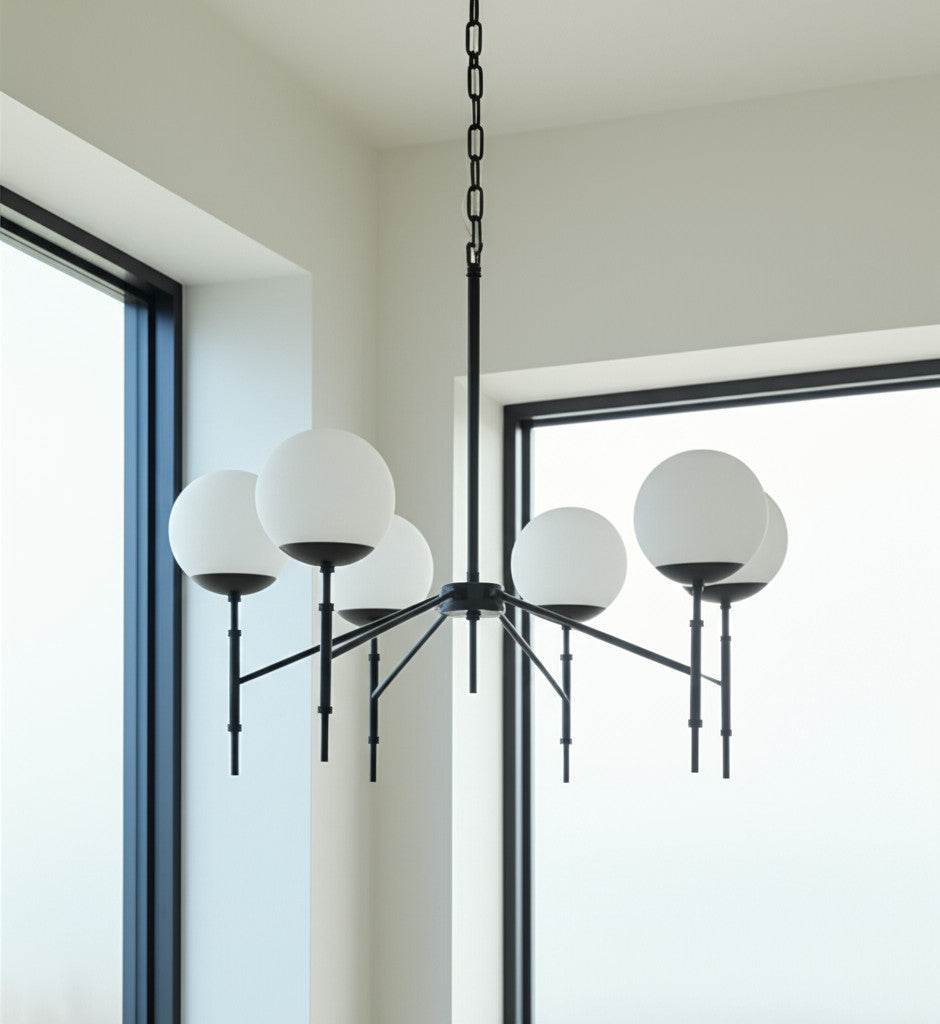 Black Sputnik Six Light Frosted Metal and Glass Dimmable Chandelier With White Shades - Loft&Timber
