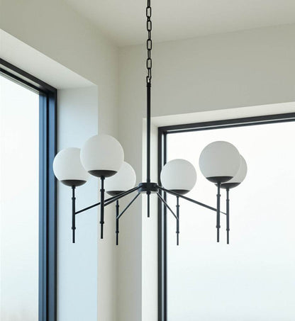 Black Sputnik Six Light Frosted Metal and Glass Dimmable Chandelier With White Shades - Loft&Timber