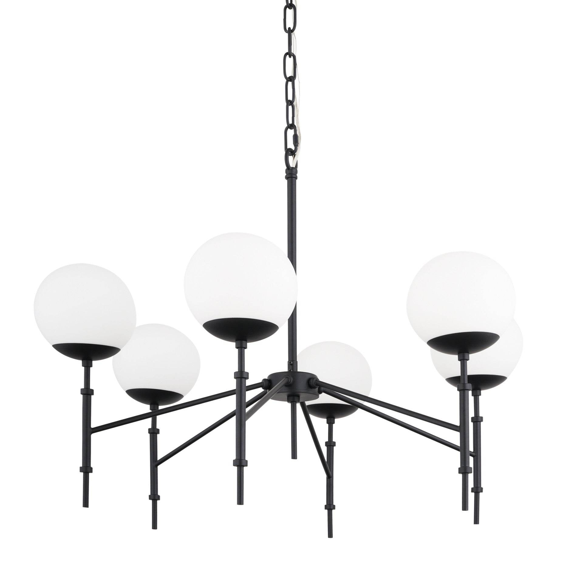 Black Sputnik Six Light Frosted Metal and Glass Dimmable Chandelier With White Shades - Loft&Timber