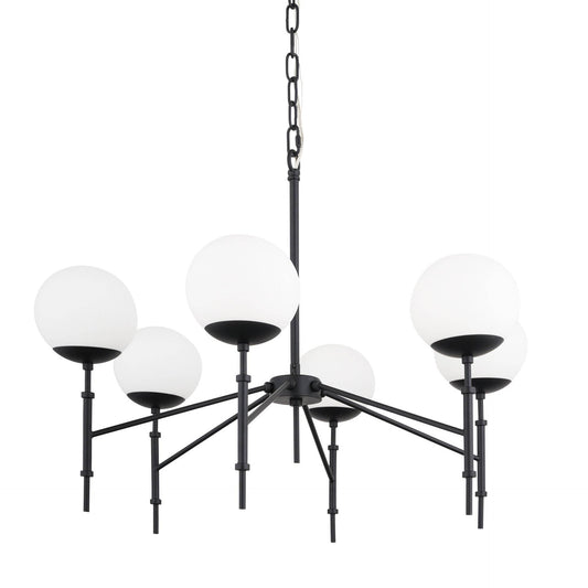 Black Sputnik Six Light Frosted Metal and Glass Dimmable Chandelier With White Shades - Loft&Timber