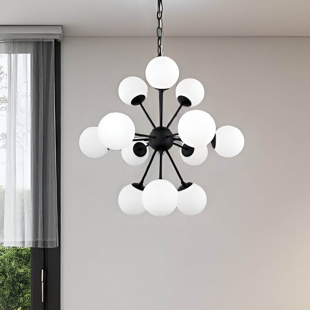 Black Sputnik Multi Light Frosted Metal and Glass Dimmable Chandelier With White Shades - Loft&Timber
