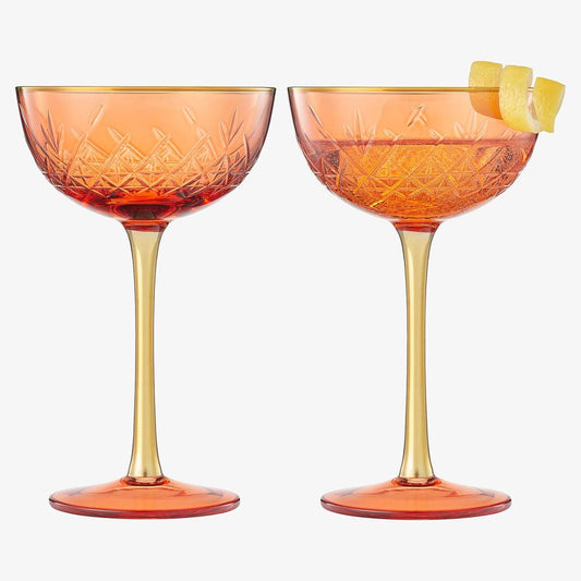 Vintage Art Deco Coupe for Champagne, Martini, Cocktails | Set of 2 | 7 oz Classic Cocktail Glassware - Manhattan, Cosmopolitan, Sidecar, Crystal Speakeasy Style Saucer Goblets with Stems (Orange Red) - Loft&Timber