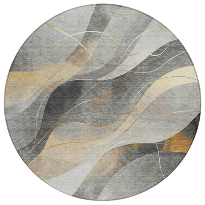 8' Gray Silver And Rust Round Abstract Washable Indoor Outdoor Area Rug - Loft&Timber
