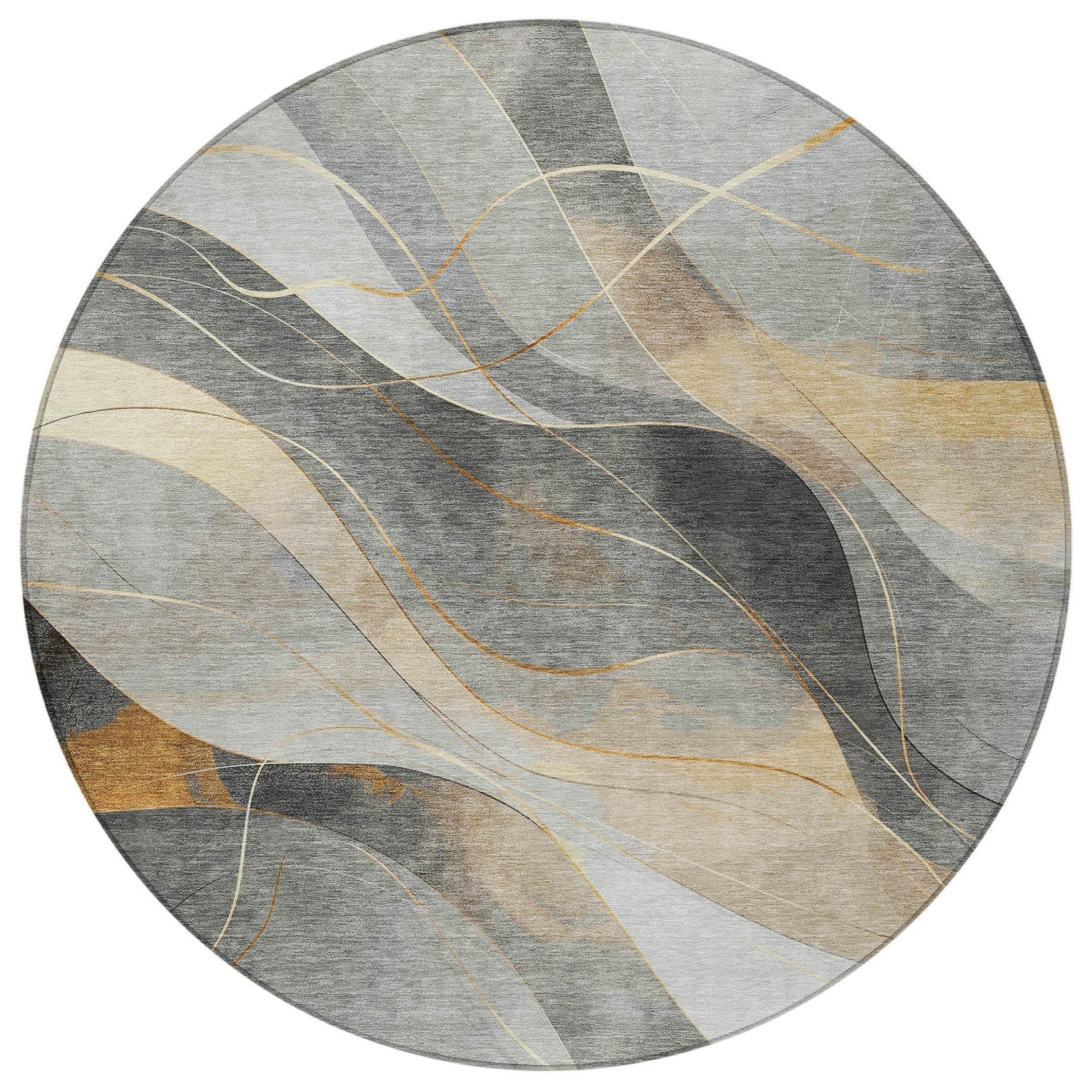 8' Gray Silver And Rust Round Abstract Washable Indoor Outdoor Area Rug - Loft&Timber