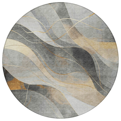 8' Gray Silver And Rust Round Abstract Washable Indoor Outdoor Area Rug - Loft&Timber