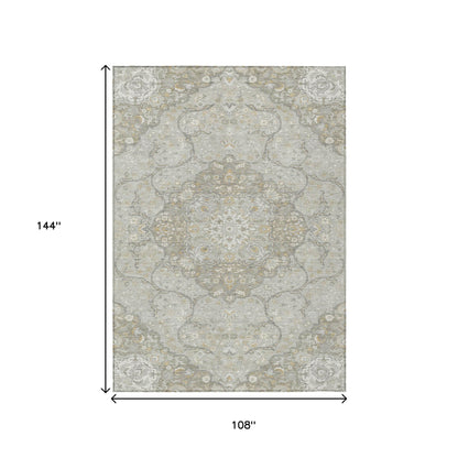 9' X 12' Taupe And Ivory Medallion Washable Indoor Outdoor Area Rug - Loft&Timber