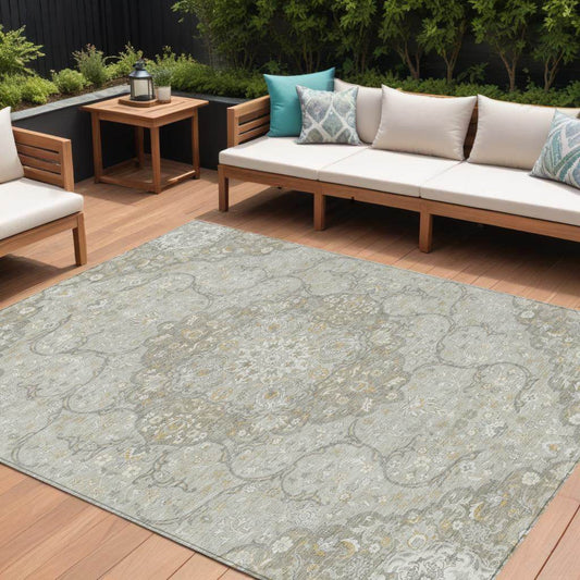 9' X 12' Taupe And Ivory Medallion Washable Indoor Outdoor Area Rug - Loft&Timber