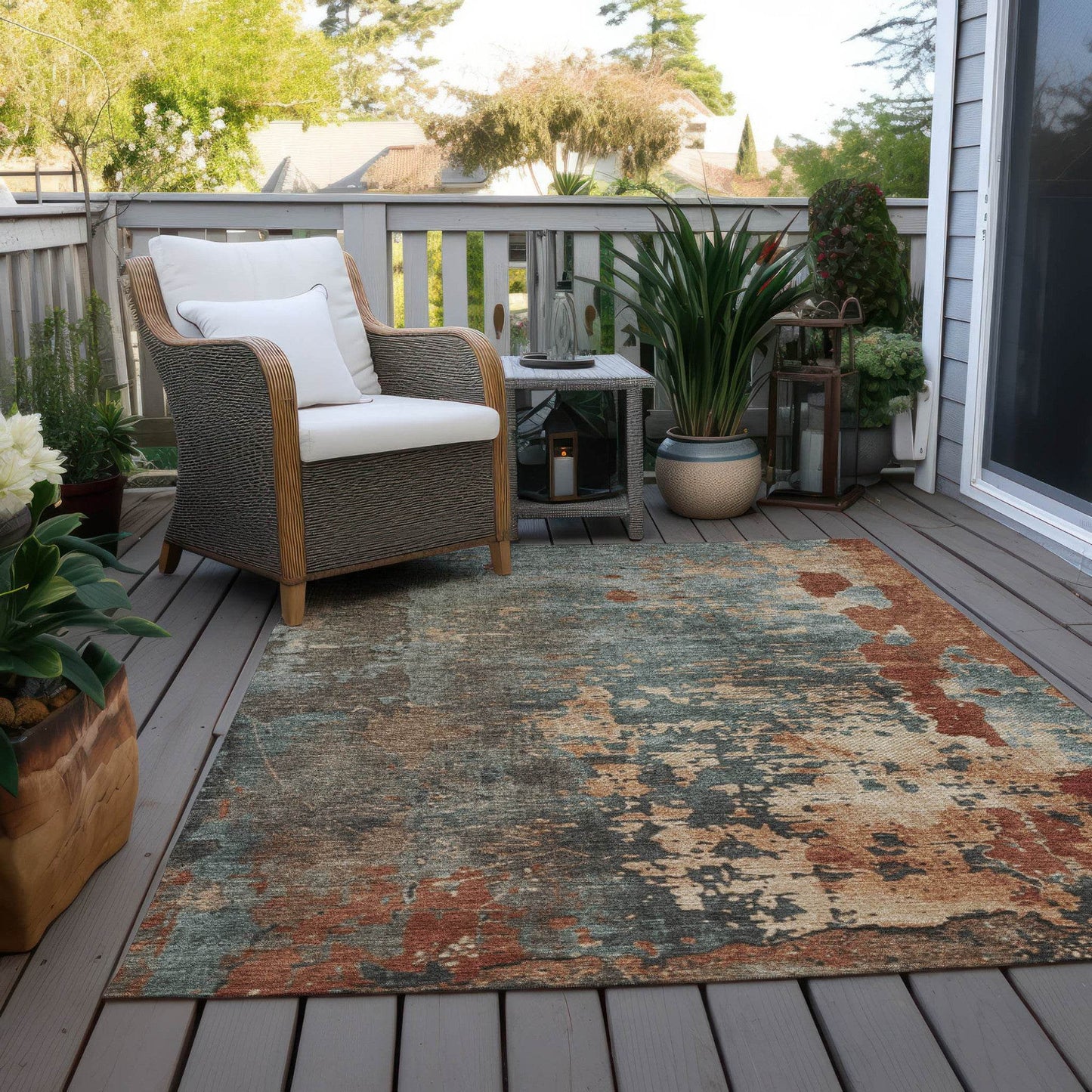 8' X 10' Pale Aqua Copper And Beige Abstract Washable Indoor Outdoor Area Rug - Loft&Timber