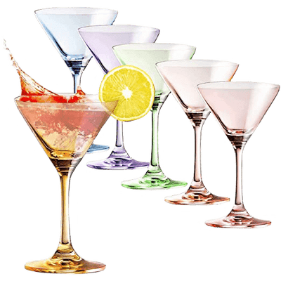 Martini Glasses Set of 6 | 8oz | Crystal Luxury Martini Glass - Elegant Colors - Premium Hand-Blown | Art Deco Cocktail Colored Coupes For Manhattan, Cosmopolitan, Sidecar, Speakeasy - Stemmed Goblets - Loft&Timber