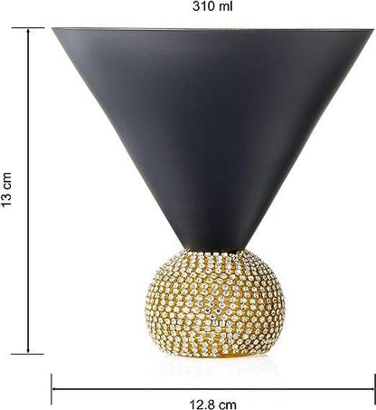 The Wine Savant Diamond Studded Martini Glasses Set of 2 Black & Gold Rimmed Modern Cocktail Glass, Rhinestone With Stemless Crystal Ball Base, Bar or Party 10.5oz, Swarovski Style Crystals - Loft&Timber