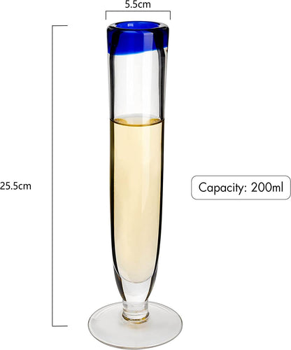 Tall Recycled Champagne Flutes - Set of 4 - Mexican Hand Blown Cobalt Blue Rim Flute – Luxury Mexican Thick Glassware 7oz, Juice & Cocktail Drinking Glass Holiday Celebration, Weddings, Anniversary - Loft&Timber