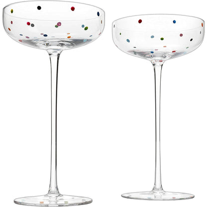Polka Dot Champagne Coupe Glasses Set of 2 8.8 oz by The Wine Savant - Polka Dot Rainbow Colored Glasses, Cocktail Glassware, Polka Dot Gifts Damien Hirst, Gift Idea For Everyday, Weddings, Parties - Loft&Timber