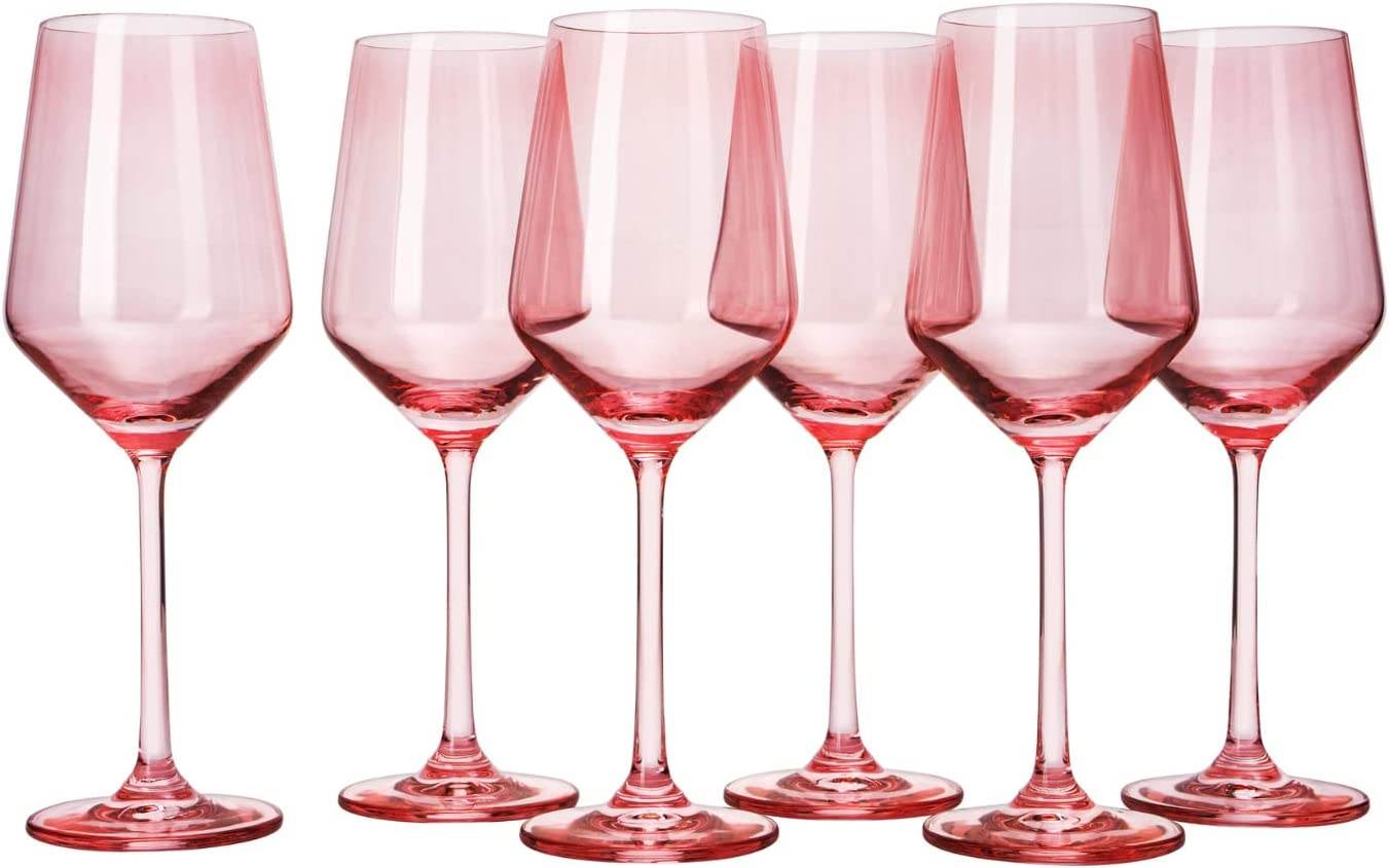 Set of 6 Colored Wine Glasses - 12 oz Hand Blown Italian Style Crystal Bordeaux Wine Glasses - Premium Stemmed Colored Glassware - Unique Drinking Glasses (6, Rose) - Loft&Timber