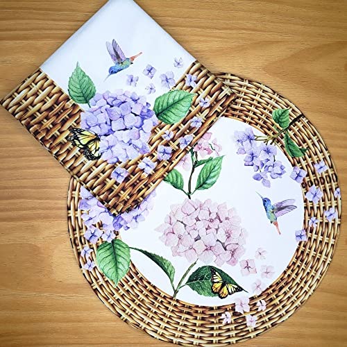 Charlo's Cloth Napkins Set of 4 Hydrangeas Flower Bird 16" by 16" - Lilac - Loft&Timber